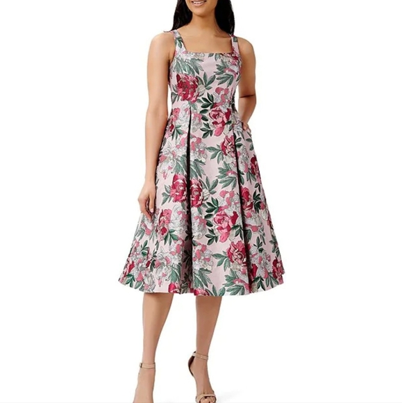Adrianna Papell Metallic Floral Print Jacquard Square Neck Fit and Flare Dress - Picture 1 of 12